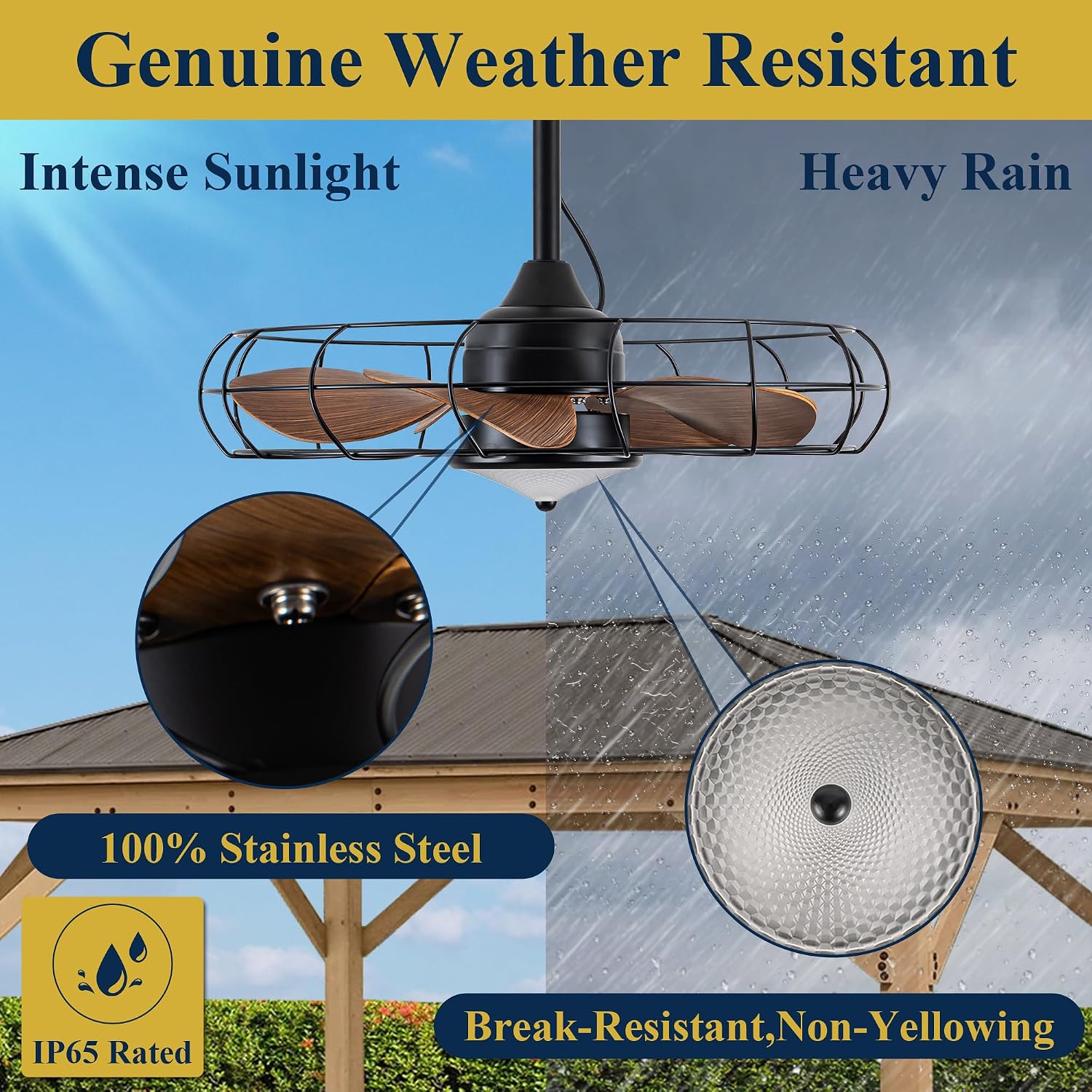 NORFOLK Gazebo Ceiling Fans with Light, 24 Inch Waterproof Outdoor Fan with Dimmable LED Lights, Wet Rated Plug In and Remote for Patios and Pergola, 3 Color Led Lighting, Hanging with Hook