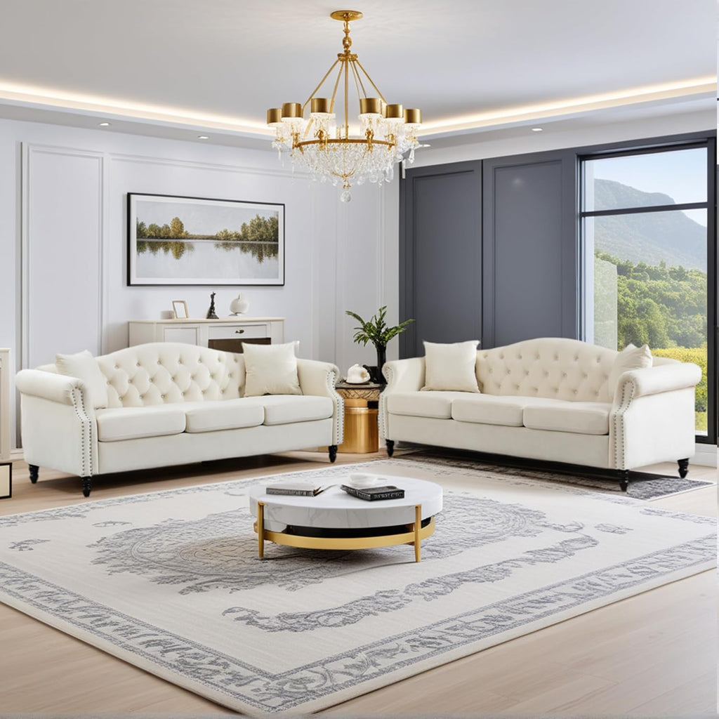 2 Piece Modern Beige Velvet 79' 3-Seater Sofa Sets, Chesterfield Button Tufted Nailhead Combination Couch with 4 Pillows, Trimming Curved Backrest & Rolled Arm Sofa for Living Room