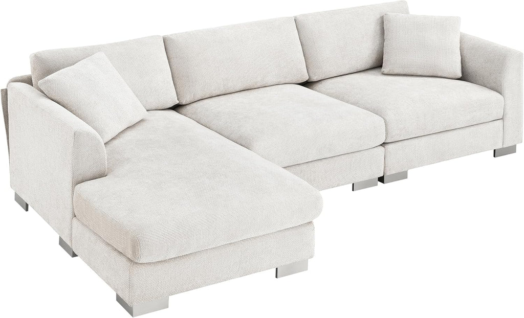 Merax Modern Chenille Sectional Sofa with Oversized Chaise, L-Shaped Couch with 2 Free Pillows, 4-Seat Sleeper Lounge for Living Room, Apartment,Office Minsk Gray