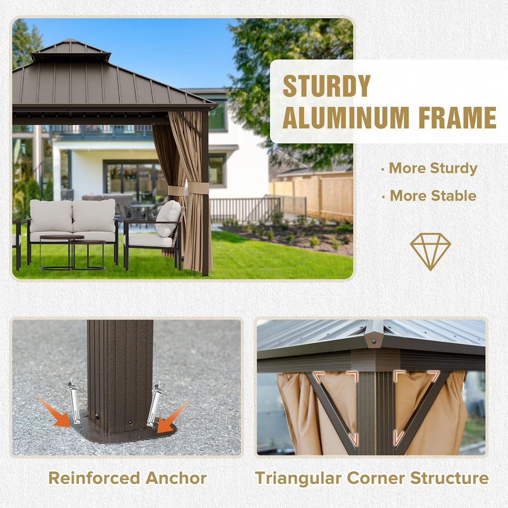 COOS BAY 12x12 Hardtop Gazebo with Aluminum Frame, Galvanized Steel Roof with UV Protection for Patio, Backyard, Garden, Outdoor Events, Dark Brown/Tan