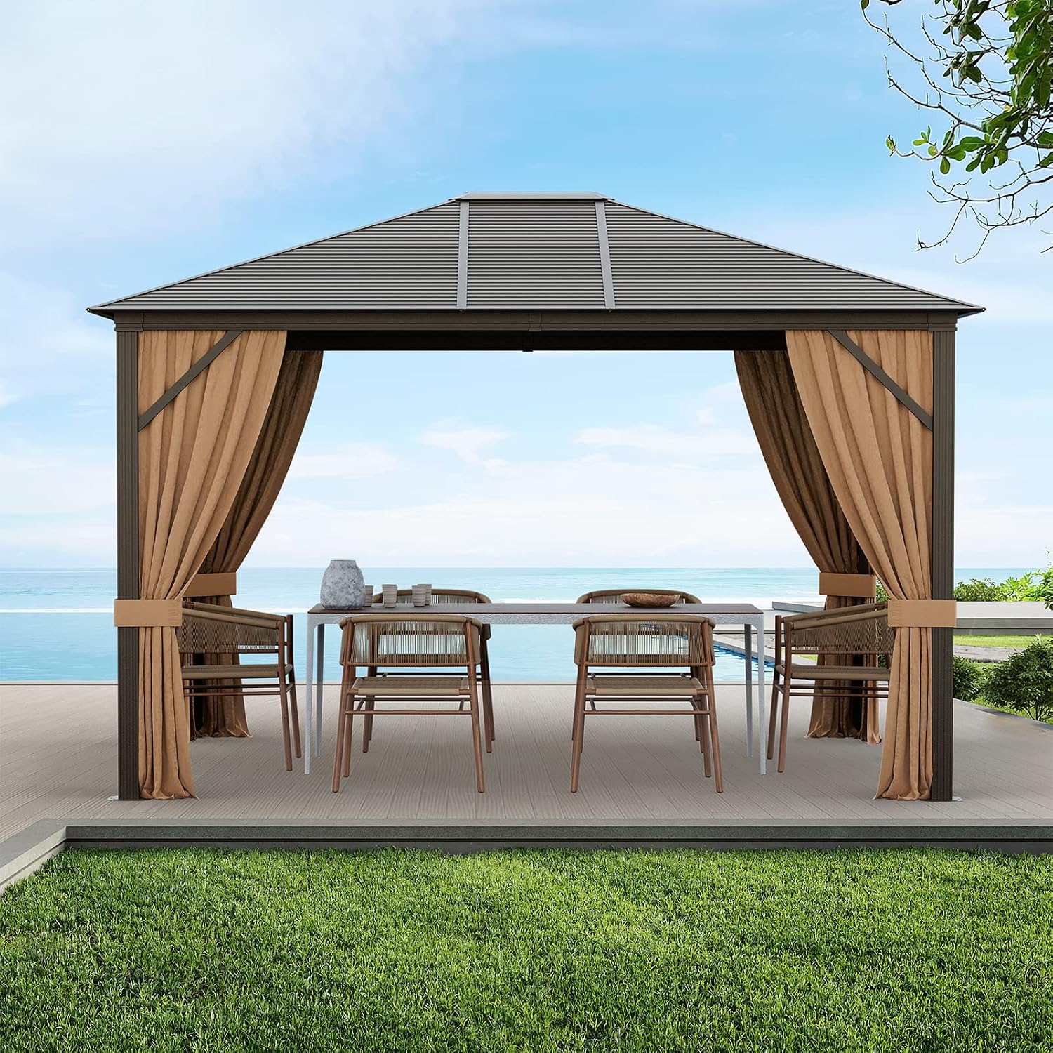 Tangkula 12x10 Ft Hardtop Gazebo, Double-Top Outdoor Gazebo with Galvanized Steel Top, Aluminum Frame, Patio Permanent Gazebo Pavilion with Netting and Curtains for Garden, Lawn, Backyard