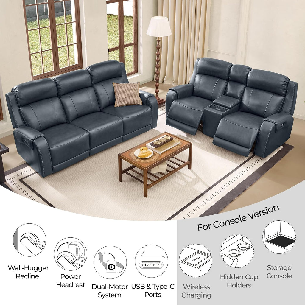 CHITA Genuine Leather Power Recliner Sofa, Wall Hugger Reclining Sofa with Power Headrest, Dual Motor, USB Charging Ports, Recliner Couch for Living Room, RV, Leather in Navy