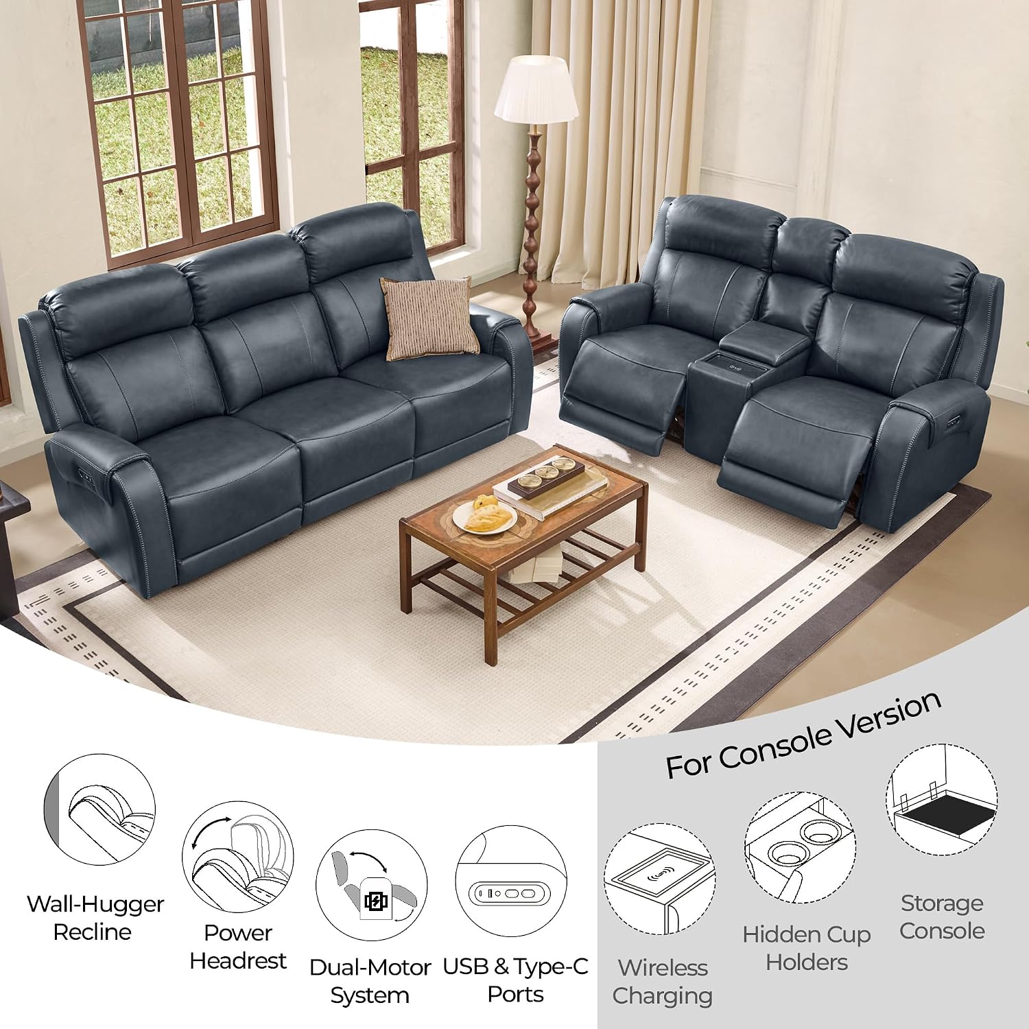 CHITA Genuine Leather Power Recliner Sofa, Wall Hugger Reclining Sofa with Power Headrest, Dual Motor, USB Charging Ports, Recliner Couch for Living Room, RV, Leather in Navy
