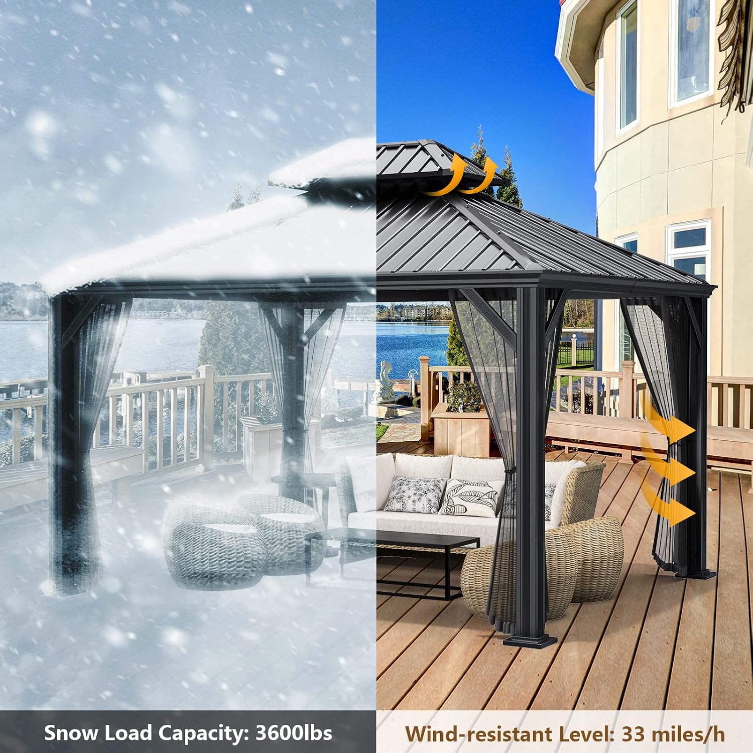 Tangkula 12ft x 10ft Hardtop Gazebo, 2-Tier Outdoor Gazebo w/Double Vented Roof & Central Hook, Galvanized Steel Frame Patio Sun Shelter for Lawn Backyard Poolside Deck (Grey)