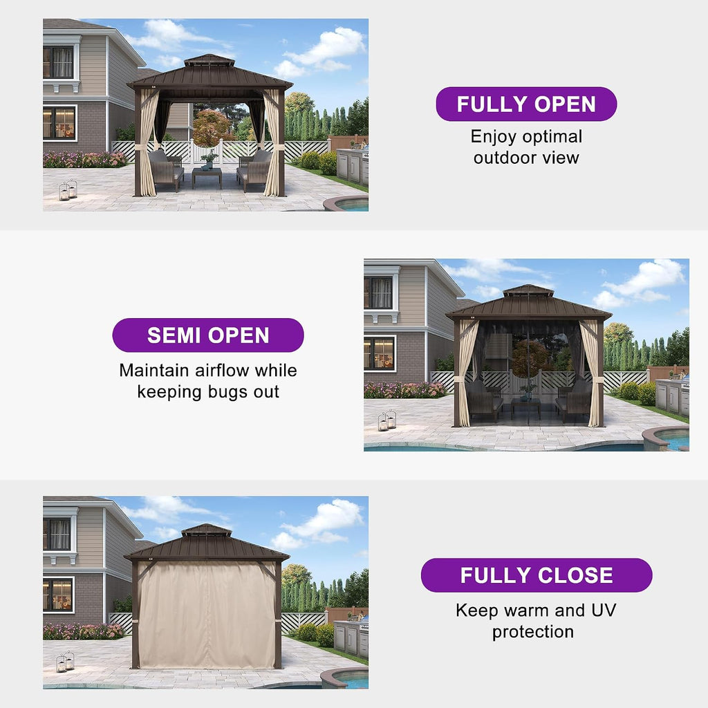 PURPLE LEAF 10' X 10' Hardtop Gazebo Outdoor Gazebos Metal Frame Galvanized Steel Double Roof with Curtains and Nettings for Patio Desk Backyard Bronze