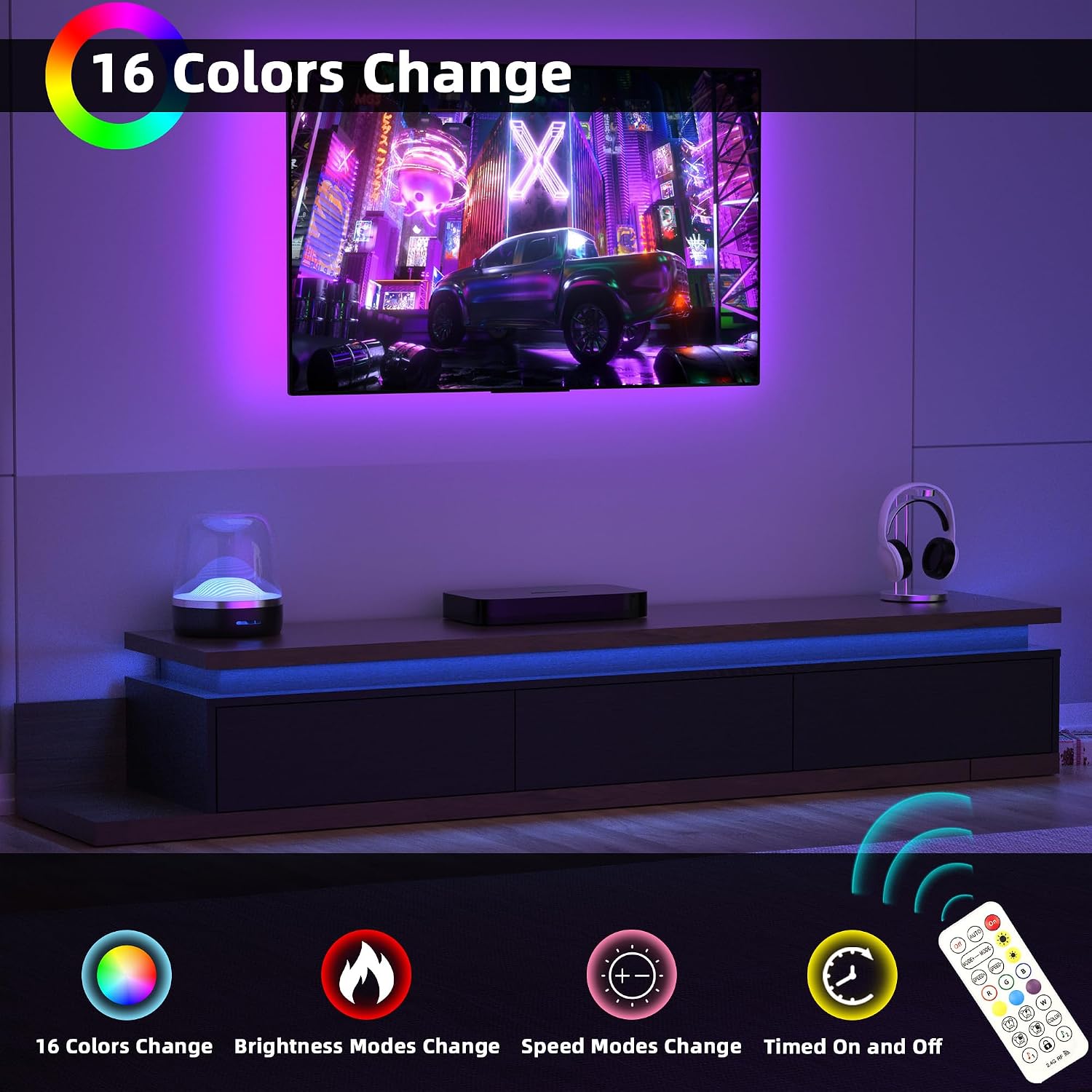 Betterhood Extendable TV Stand with LED Lights (80' - 106'), Wood Entertainment Center for Up to 120' TV, Modern Reversible TV Console with Three Drawers, Living Room, Bedroom, Black & Walnut