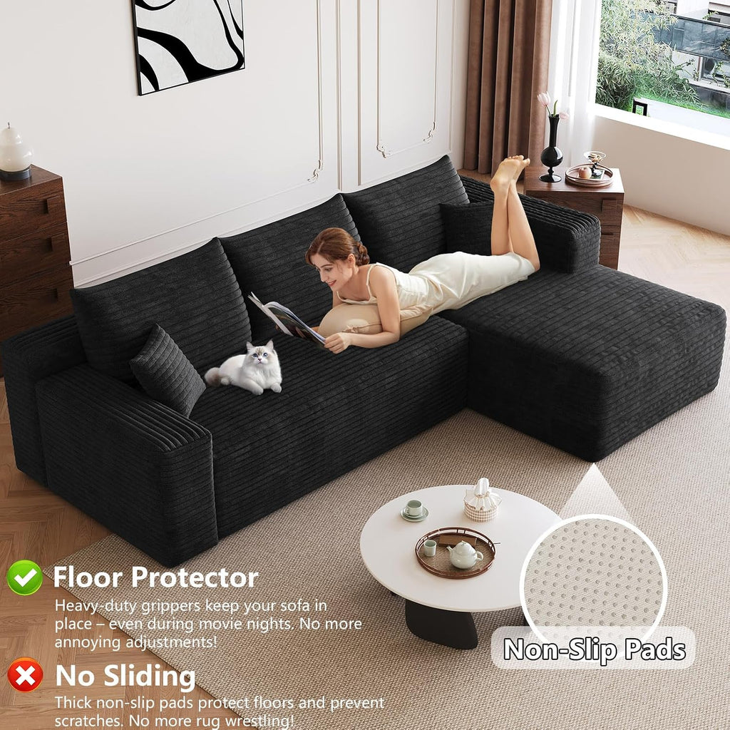 95' Modular Sectional Sofa, Modern Corduroy Cloud Couch with Side Pockets, Boneless Couch Upholstered 3-Seater L-Shaped Sofa for Living Room, No Assembly Required (Black,Right-Facing Chaise)