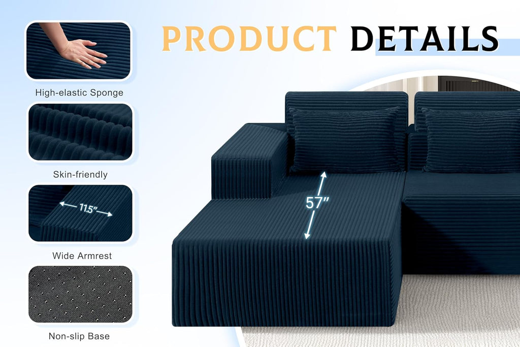 Homguava Modular Sectional Couches for Living Room,105' Cloud Couch with L-Shape Chaise,Comfy Sofa Living Room Sofas with Deep Seat,No Assembly L Couch,Corduroy Fabric(Blue,L)