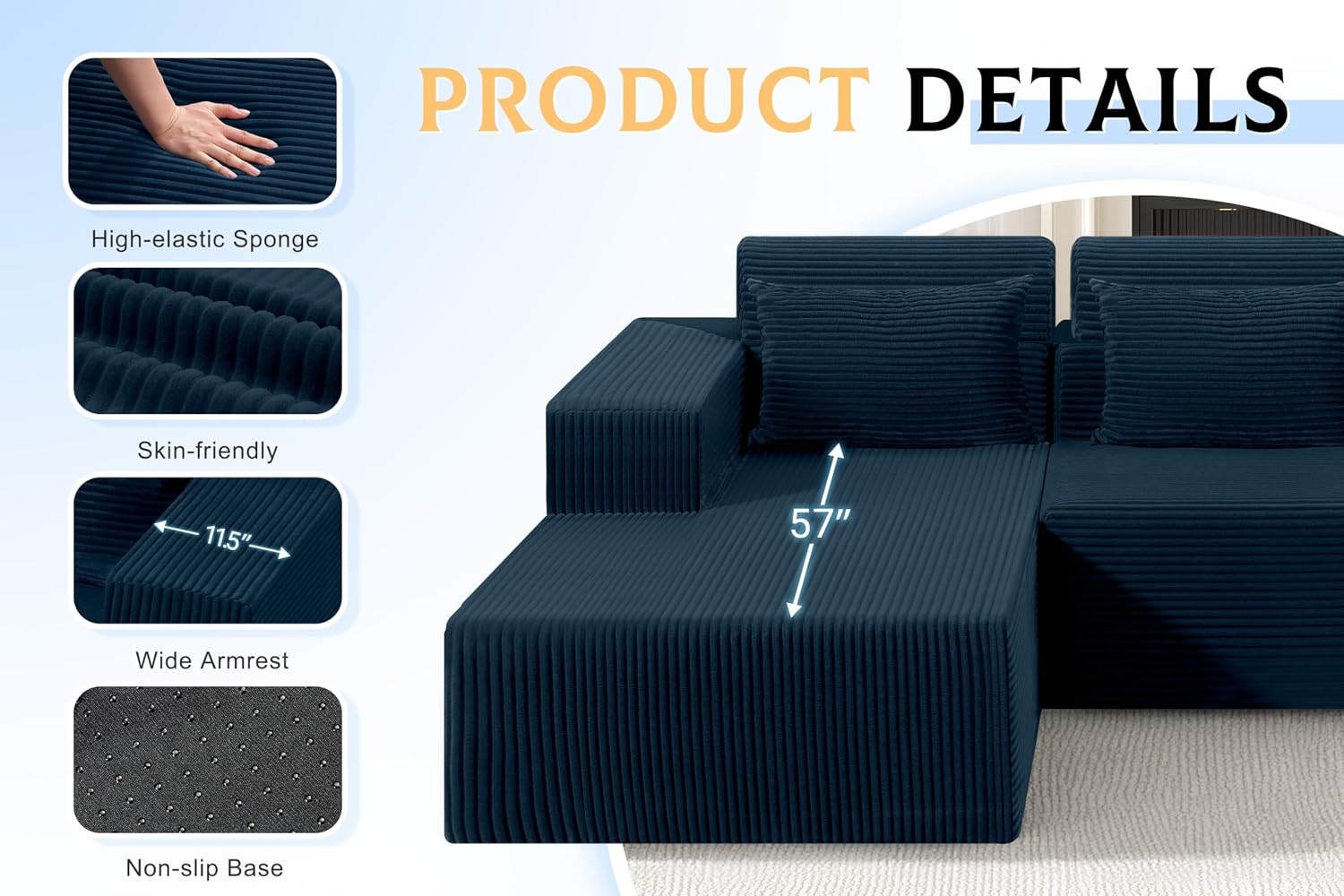 Homguava Modular Sectional Couches for Living Room,105' Cloud Couch with L-Shape Chaise,Comfy Sofa Living Room Sofas with Deep Seat,No Assembly L Couch,Corduroy Fabric(Blue,L)