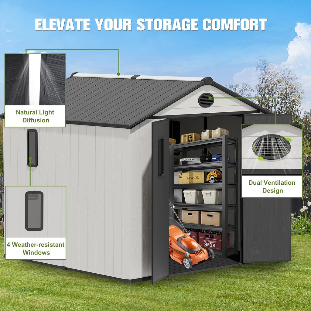 COOS BAY 8x8 Outdoor Storage Shed with Floor, Lockable Doors, All-Weather Resin Garden Tool Shed, White/Gray