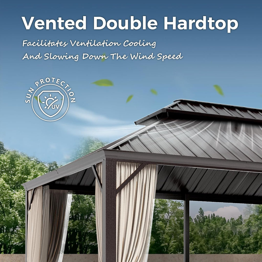 MIXPATIO 12' x 18' Hardtop Gazebo, Galvanized Steel Metal Double Roof Gazebo, Permanent Outdoor Metal Pavilion with Curtain and Netting for Deck, Backyard, Patio, Lawns