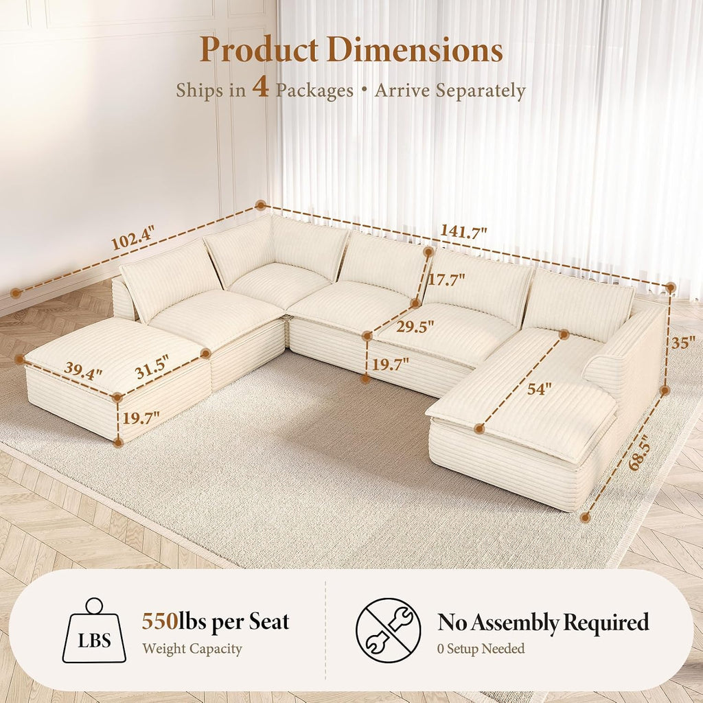 Vesgantti 141.7' Oversized Sectional Boneless Couch, Modern 7 Seater Modular Sofa with Chaise & Ottoman, Deep Seat Plush Corduroy Cloud Couches for Living Room, No Assembly Required, Beige