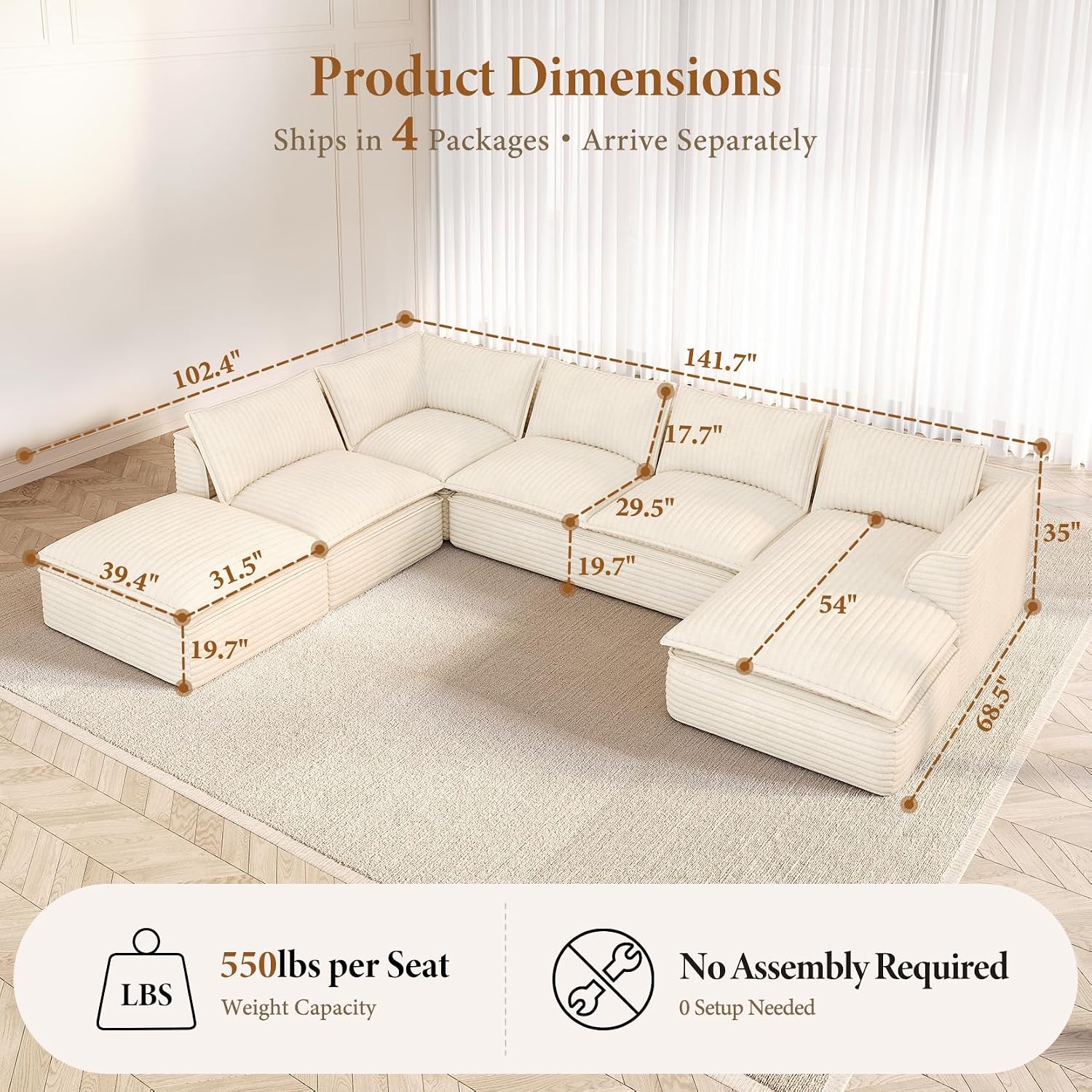 Vesgantti 141.7' Oversized Sectional Boneless Couch, Modern 7 Seater Modular Sofa with Chaise & Ottoman, Deep Seat Plush Corduroy Cloud Couches for Living Room, No Assembly Required, Beige