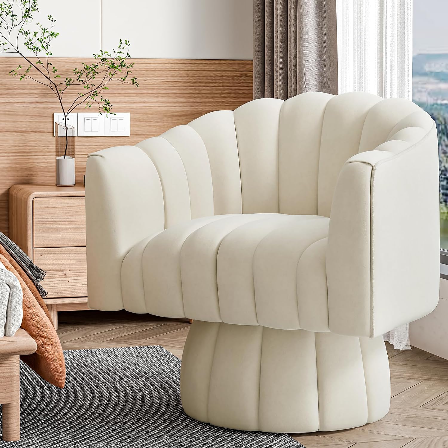 Dewhut Swivel Accent Chair, 360° Swivel Barrel Chair with Armrest, Velvet Upholstered Single Sofa Reading Chair for Living Room,Bedroom,Waiting Room(Beige)