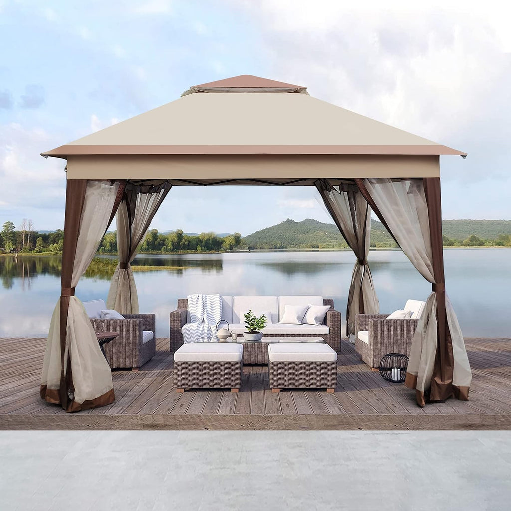 11x11 Ft Pop Up Gazebo with Removable Zipper Netting, Outdoor Gazebo Tent with Double Roof & Height Adjustable Leg, Easy Up Canopy Tent with Carry Bag for Backyard, Deck, Patio Shade (Beige)
