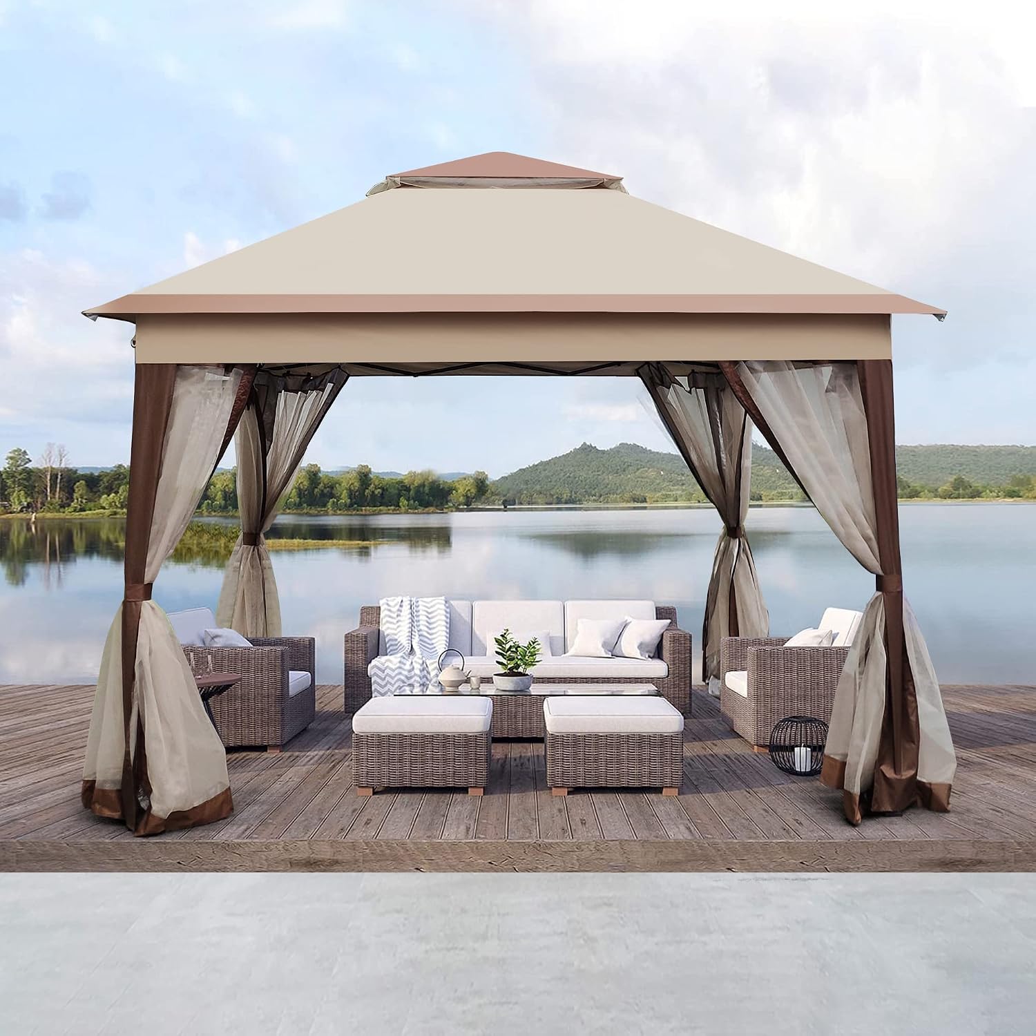 11x11 Ft Pop Up Gazebo with Removable Zipper Netting, Outdoor Gazebo Tent with Double Roof & Height Adjustable Leg, Easy Up Canopy Tent with Carry Bag for Backyard, Deck, Patio Shade (Beige)