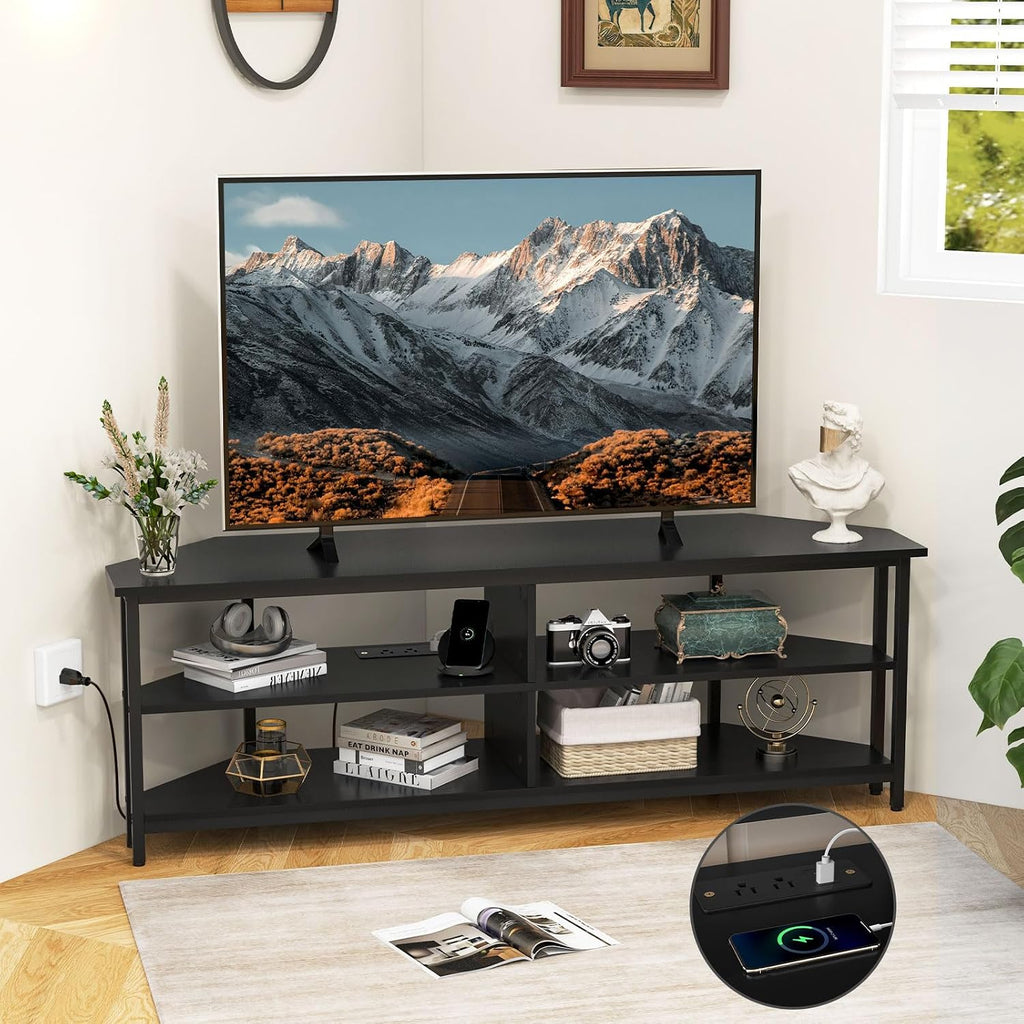 Tangkula Corner TV Stand for TVs up to 65', TV Console Table with 2 AC Outlets, USB A Port, USB C Port, Metal Frame & Storage Shelves, 55' Media Entertainment Center for Living Room