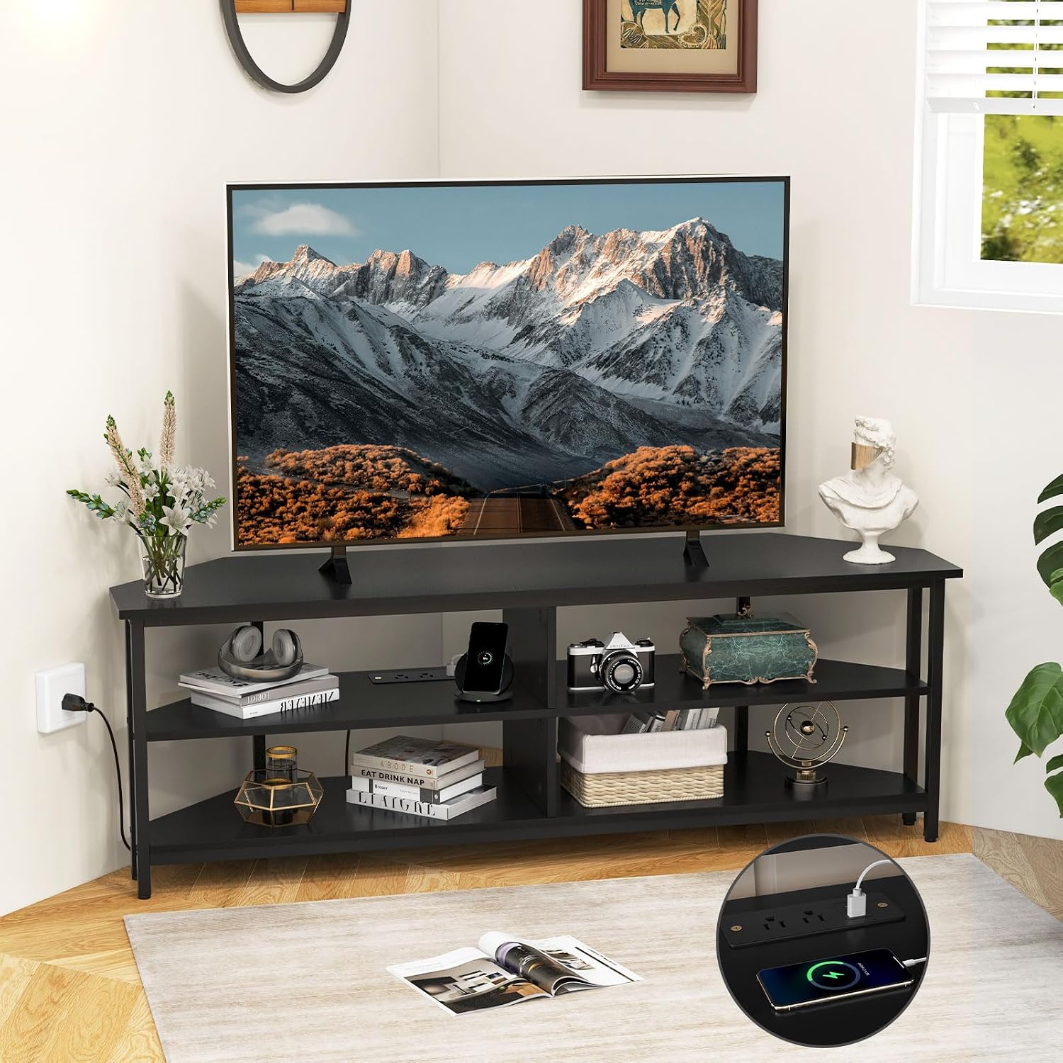 Tangkula Corner TV Stand for TVs up to 65', TV Console Table with 2 AC Outlets, USB A Port, USB C Port, Metal Frame & Storage Shelves, 55' Media Entertainment Center for Living Room