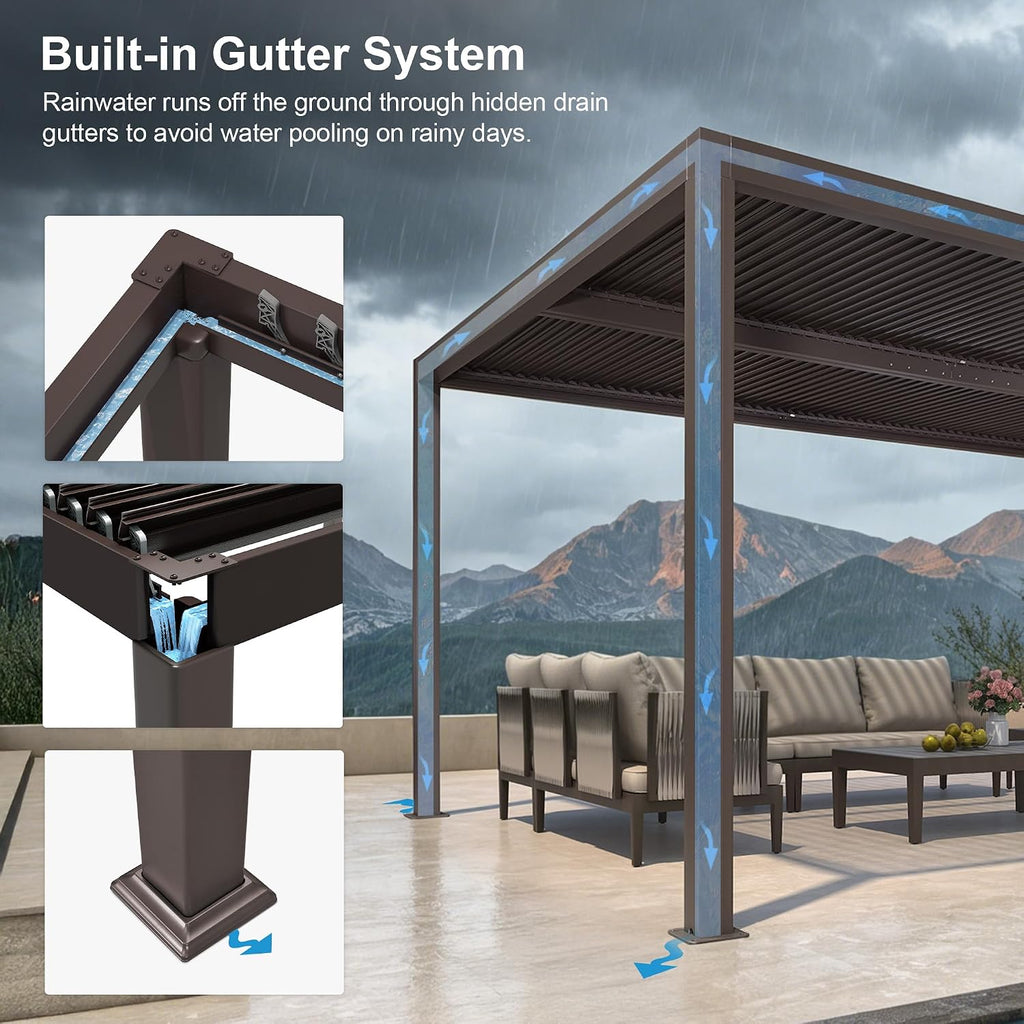 PURPLE LEAF Outdoor 10' × 14' Louvered Pergola with 14FT Detachable Louver Wall Patio Adjustable Aluminum Canopy Retractable Metal Roof for Deck Outside Backyard Hardtop Gazebo Sun Shade Bronze