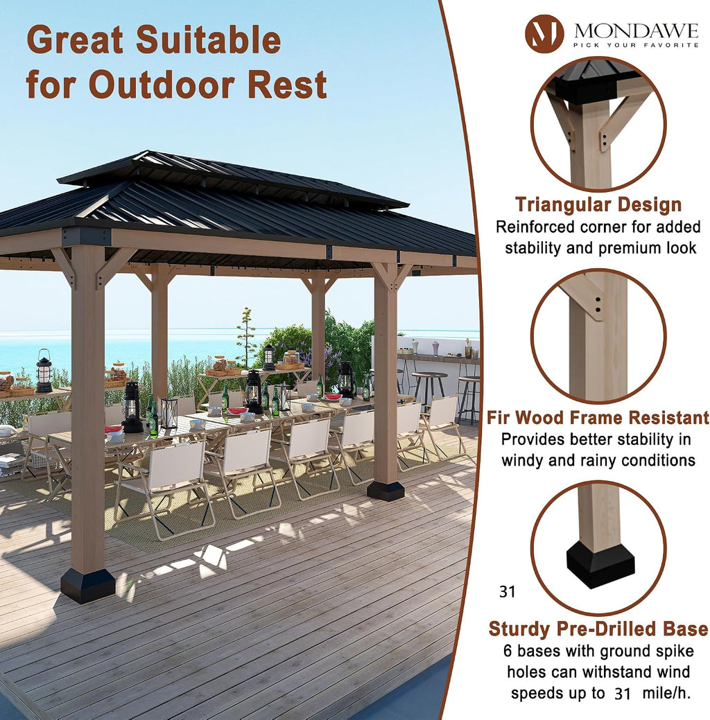 Cedar Wood Gazebo 12x20Ft Hardtop Gazebo, Outdoor Permanent Gazebo Pergola with Galvanized Steel Double Roof Pavilion for Patio Lawn Garden - Beverly Hills Serie