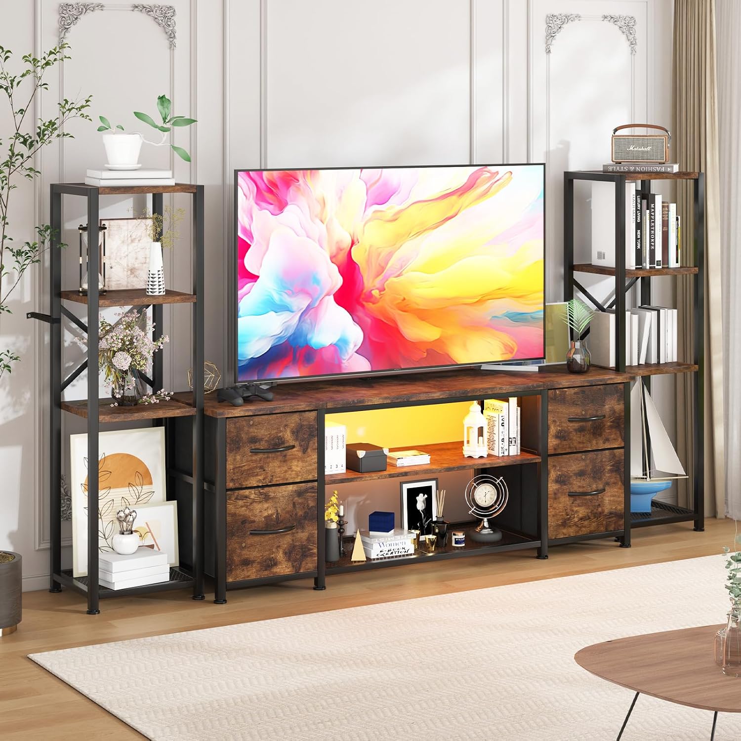LED TV Stand Bookshelf Combo with Charging Station for 65 60 55 Inch TV, Entertainment Center with Lights & Drawers, Industrial Media TV Console Table for Living Room Bedroom Office, Rustic Brown