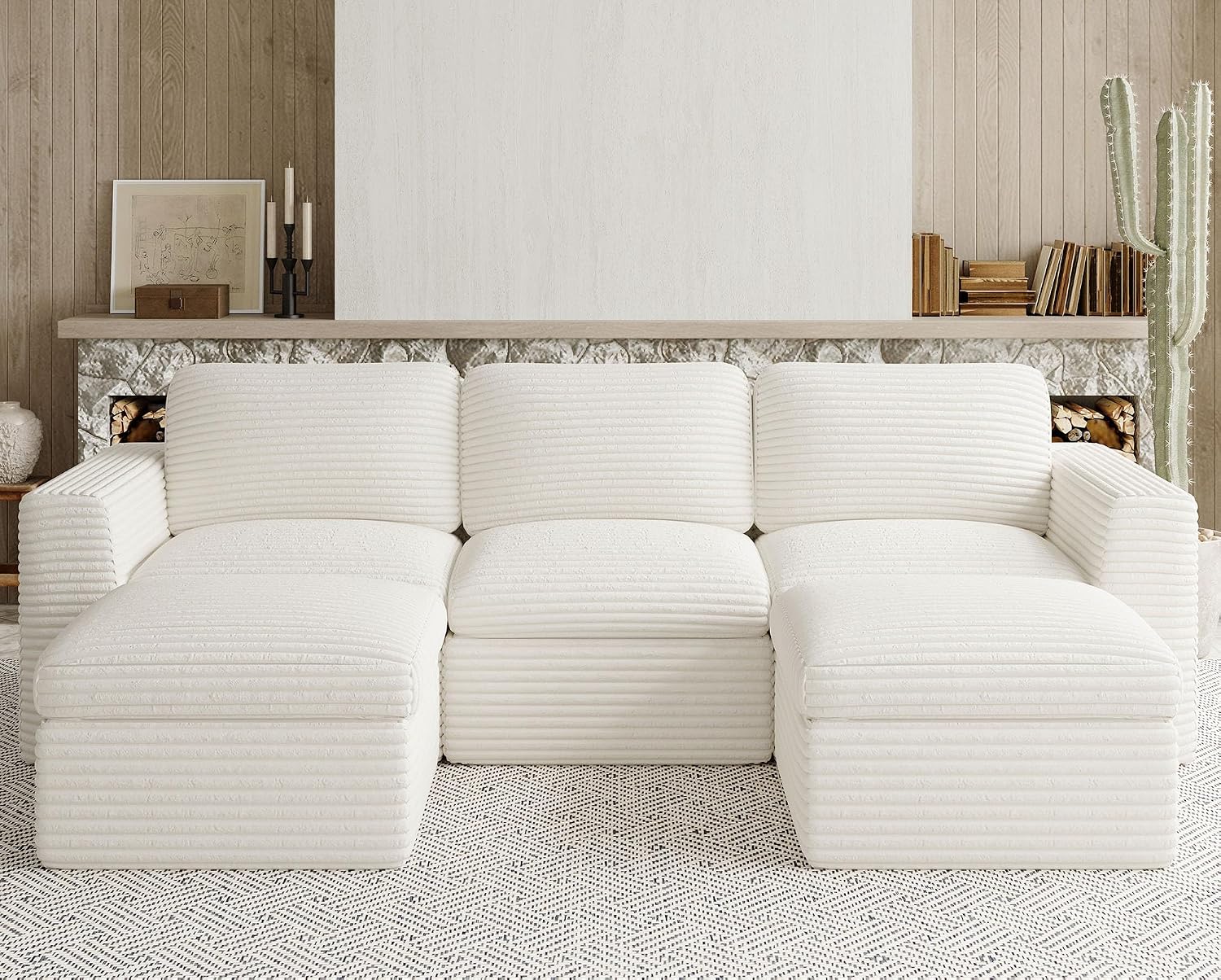Cloud Modular Sectional Sofa with Ottoman Boneless Sectional Couches for Living Room Plush Corduroy Fabric 3-Seater U Shaped Couch.White Sofa.