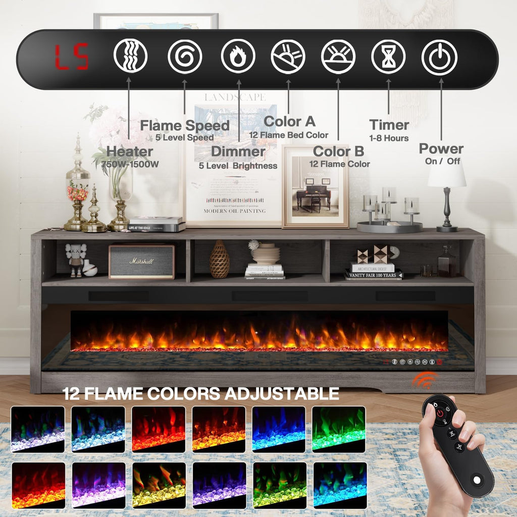 PRETZI 65' Fireplace TV Stand with 60' Glass Electric Fireplace for TVs Up to 75 inch, Modern Fireplace Entertainment Center with Open Storage Shelf, Media Console TV Cabinet for Living Room, Grey