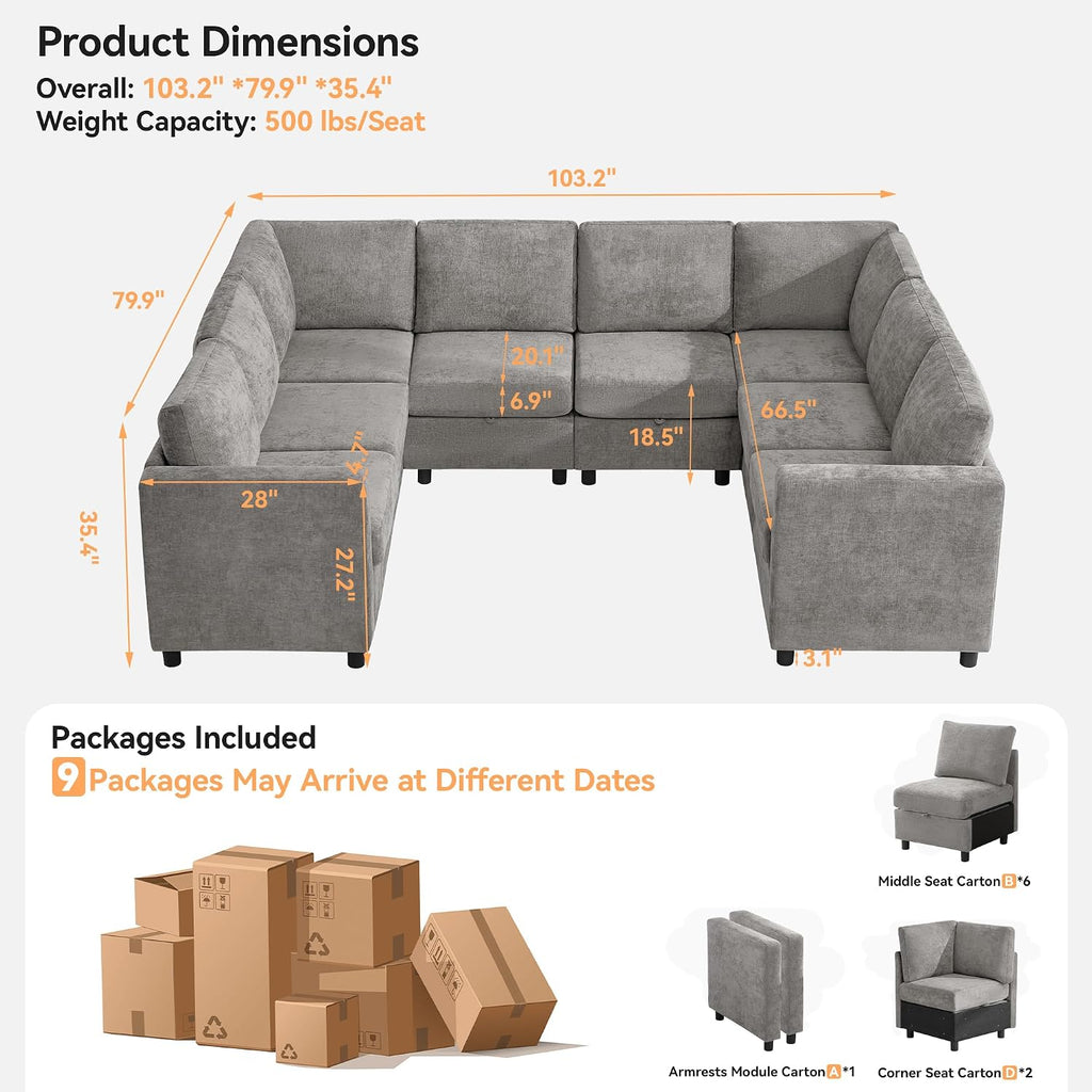 104'' U Shaped Modular Sofa, Sectional Couches with Storage for Living Room, Oversized 8 Seater Cloud Sectional Couch, Chenille Grey