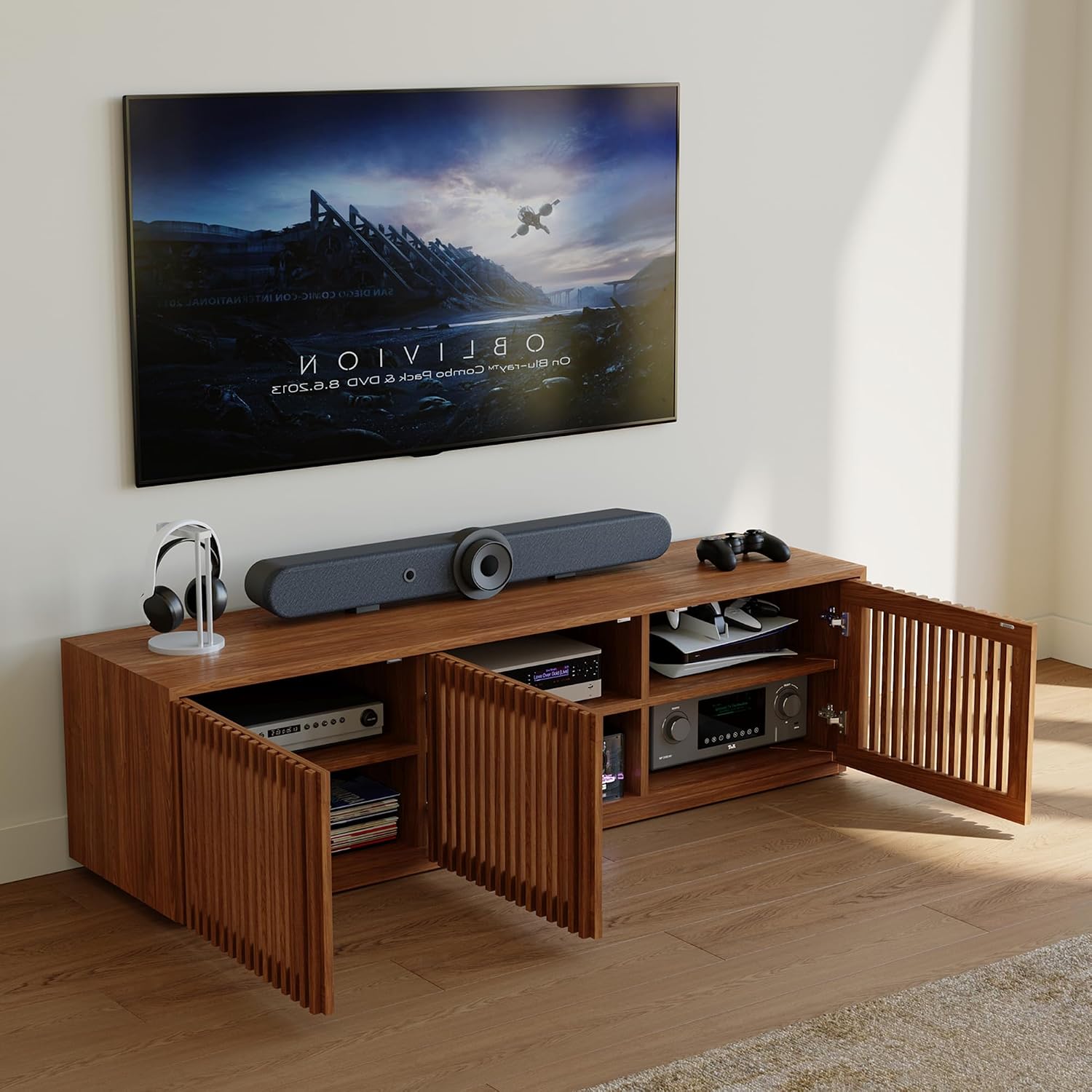 POVISON Full Assembled Mid Century Modern TV Stand, 59.06' Wood Slatted Media Console for 55 inch TV, Entertainment Center with Storage for Living Room, Low Cabinet with Removable Shelves