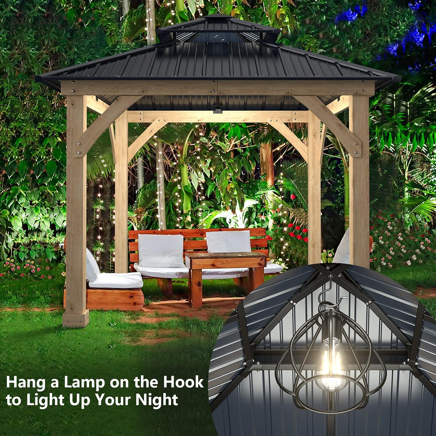 Tangkula 10 x 10 Ft Outdoor Hardtop Gazebo, Heavy-Duty Wood Permanent Patio Pavilion Shelter with 2-Tier Galvanized Steel Top, All-Weather Resistant Gazebo for Garden, Backyard, Lawns