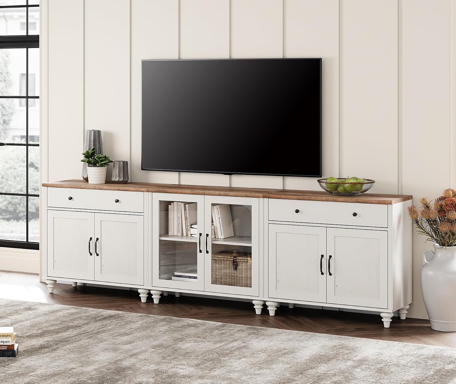 WAMPAT Farmhouse TV Stand for 100 Inch TV, 3-in-1 Wooden TV Console Table for 75/80/85/90 Inch TV, Entertainment Center with Glass Door, Kitchen Sideboard Buffet Cabinet for Dining Room, Off White