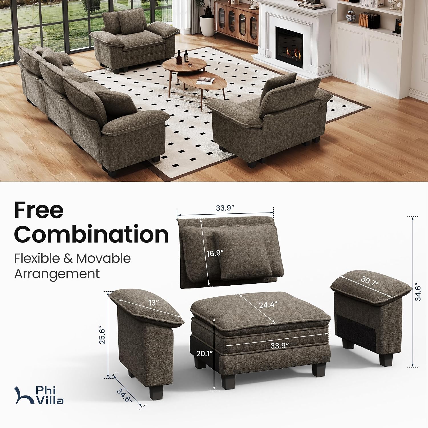 PHI VILLA Cloud Modular Couches Sets, 3 Pieces Large Sectional Sofa Set with Single Sofa, 5-Seater Upholstered Couch for Living Room, Chenille Fabric, Smoky Grey