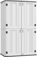 ADDOK Vertical Outdoor Storage Shed with Floor, 54 Cu Ft Outdoor Storage Cabinet with Lockable Double Doors, All-Weather Durable Plastic Construction for Patio, Backyard, Lawn and Garden, White