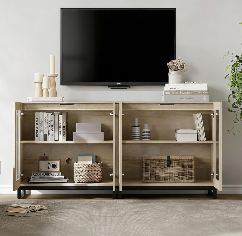 WAMPAT Modern TV Stand with Glass Doors for 40-70 inch TVs, 2 in 1 Entertainment Center Console with Adjustable Shelves and Metal Base for Living Room, Bedroom, Beige