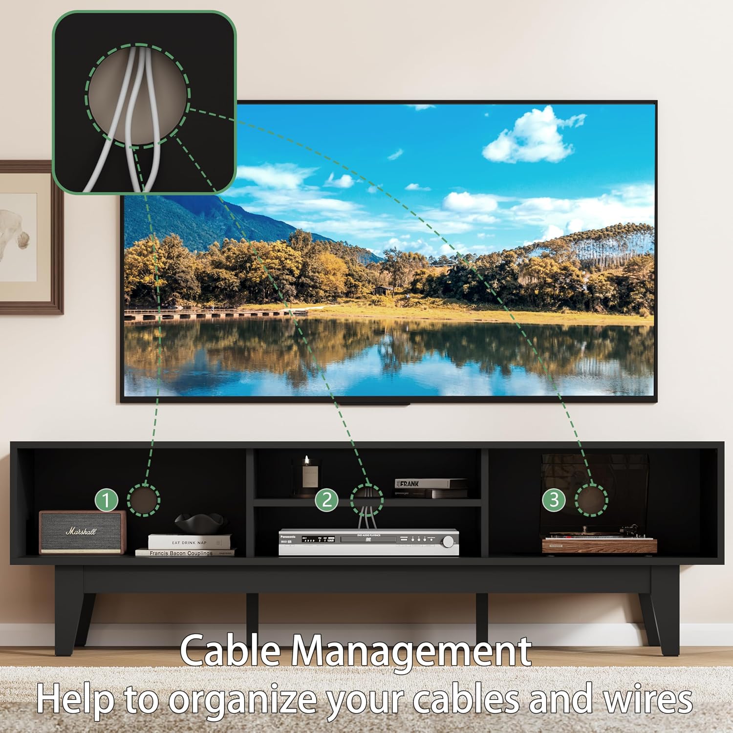 Fluted TV Stand for 55 65 Inch TV, Mid Century Modern Entertainment Center with Shelves, Cabinets & Sliding Doors, TV Media Console Table with Wood Feet & Cord Holes for Living Room, Bedroom, Black