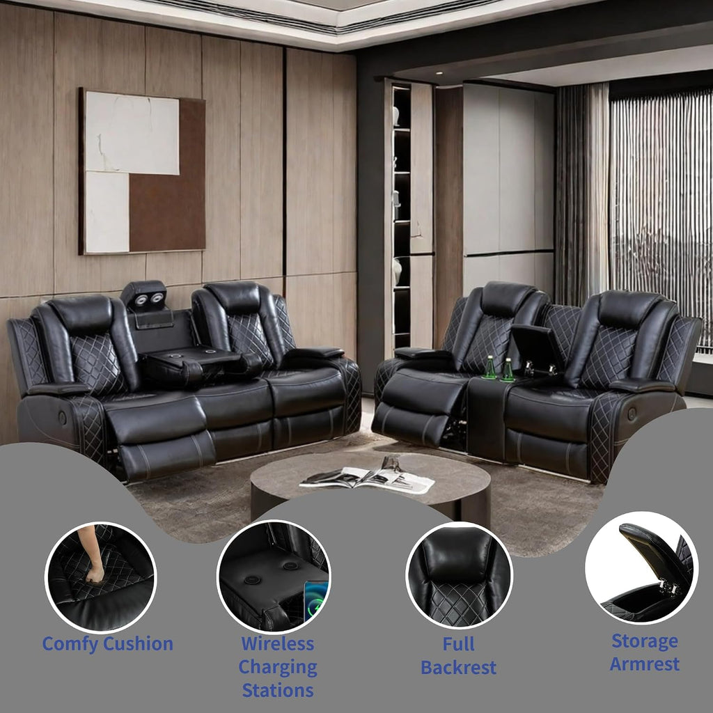 Power Recliner Set with LED Lights, Air Leather Reclining Set with USB Port/Wireless Charger/Storage Console/Cup Holder for House/HomeTheater/Apt (Black, Sofa Loveseat)