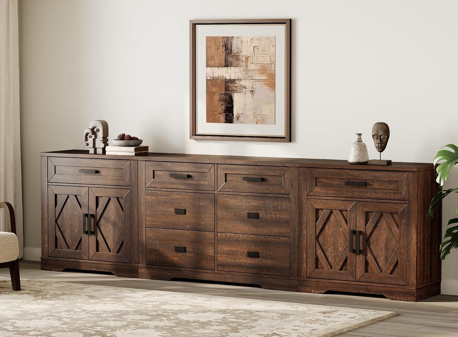 WAMPAT 110' W Large TV Stand,3-in-1 Farmhouse Entertainment Center with Storage Barn Door Cabinet,TV Console Table with Media Cabinet and Drawers for Living Room,Bedroom,Dark Brown