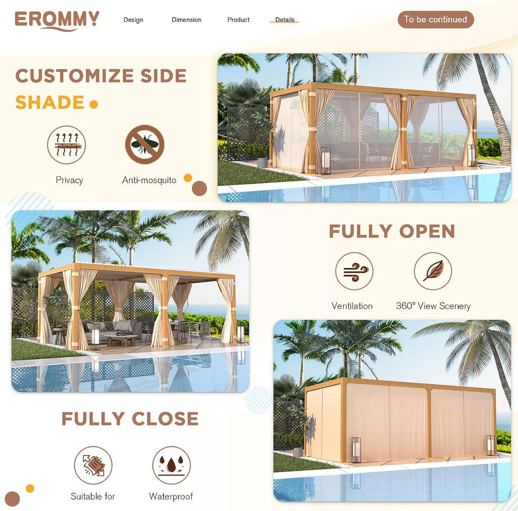 EROMMY Louvered Pergola 10x20, Outdoor Aluminum Pergola with Adjustable Rainproof Roof for Garden, Patio, Deck, Waterproof Curtains and Netting Included, Wood Grain