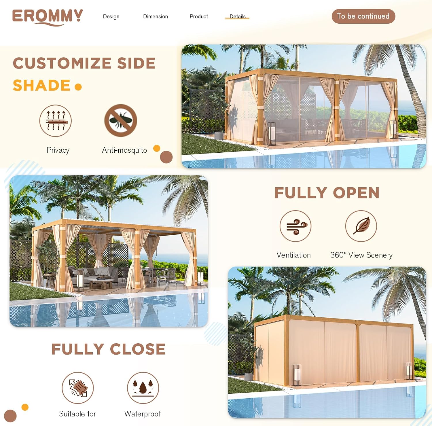 EROMMY Louvered Pergola 10x20, Outdoor Aluminum Pergola with Adjustable Rainproof Roof for Garden, Patio, Deck, Waterproof Curtains and Netting Included, Wood Grain