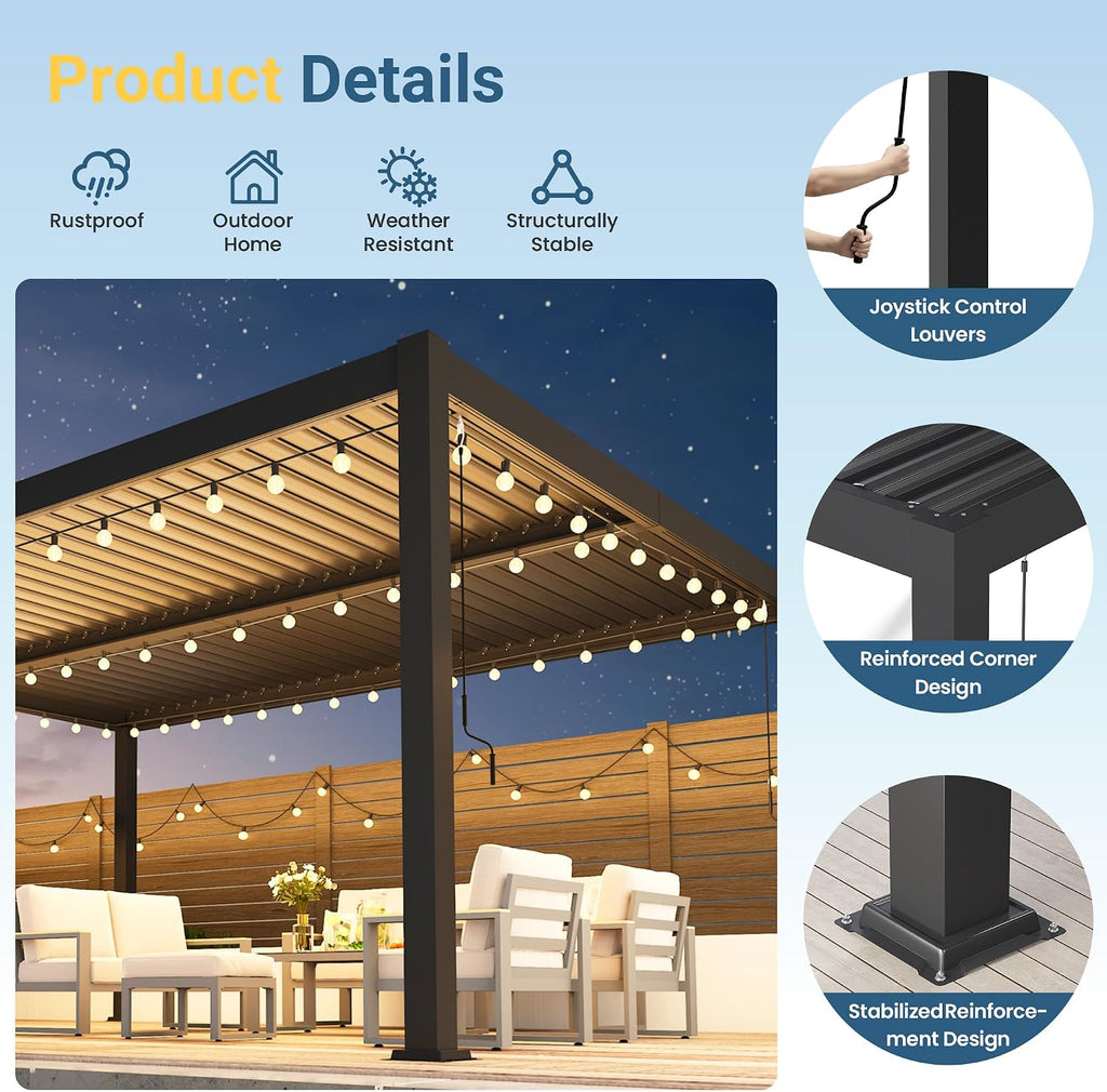 12' x 16' Louvered Pergola, Metal Outdoor Pergola with Adjustable Louvered Roof & Gutter System, Hardtop Patio Gazebo for Backyard, Deck, Garden, Dark Gray