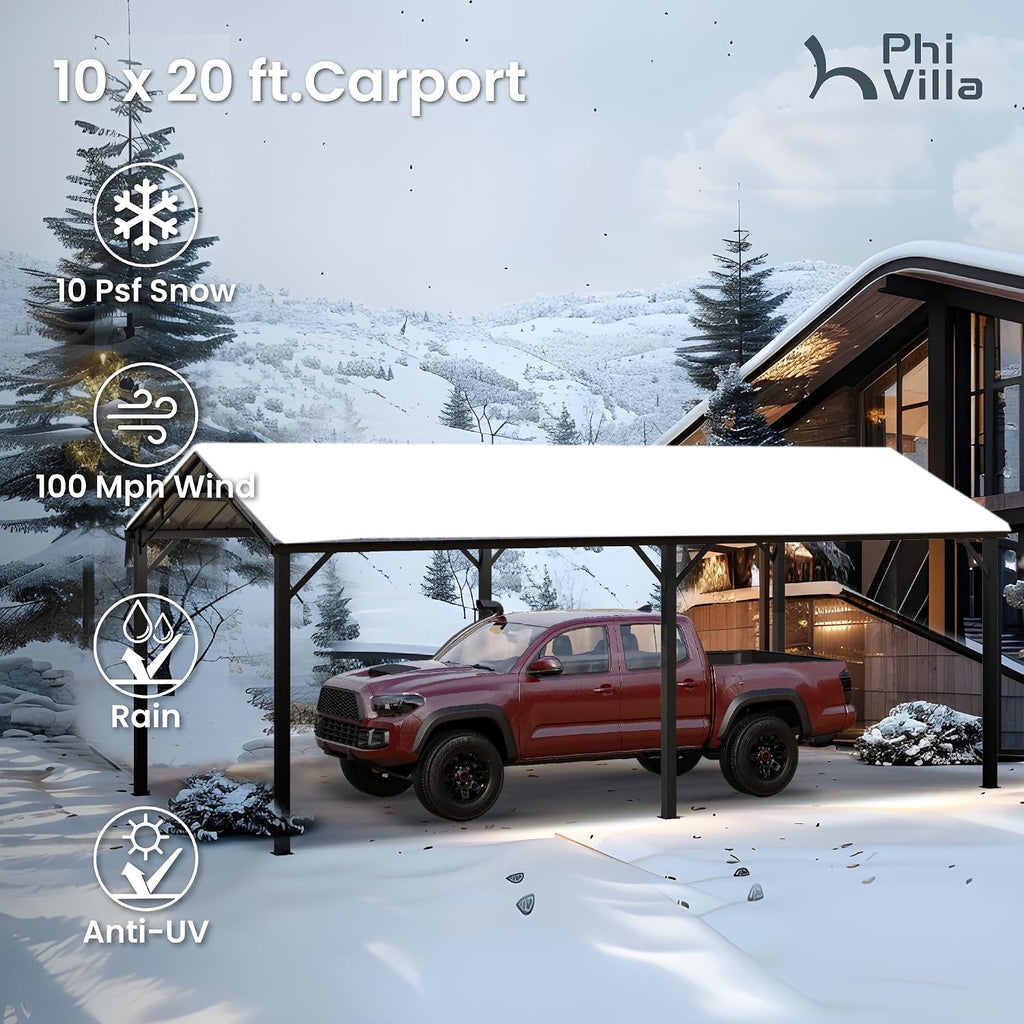 PHI VILLA 10x20 ft Carport, Metal Carports Canopy Heavy Duty Car Port Portable Garage with Galvanized Steel Roof Multi-Use Shelter, Sturdy Outdoor Car Ports for Cars, Boats and Tractors