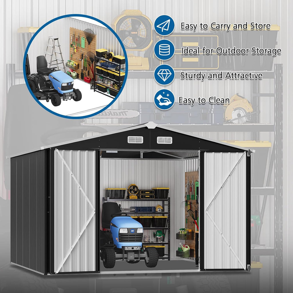 10x10FT Black Metal Storage Shed, Durable Outdoor Tool Shed with Sturdy Steel Construction, Ideal for Backyard, Garden, or Lawn