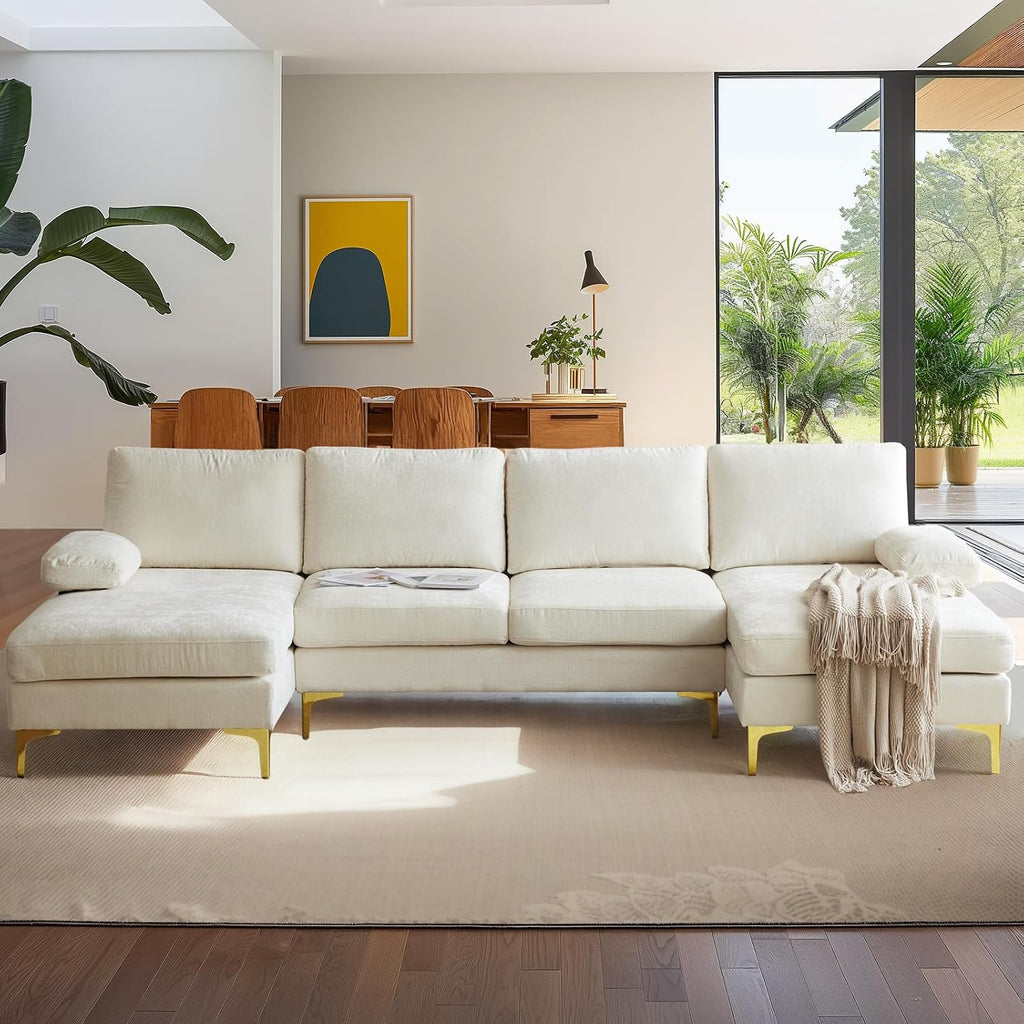 VINGLI 110' Large U-Shape Sectional Sofa Couch with 51' D Double Chaise for Living Room, Modern Sectional Couch Set with Soft 5.9' Thickness Seating Padding, Chenille Fabric,Metal Gold Legs(Beige)