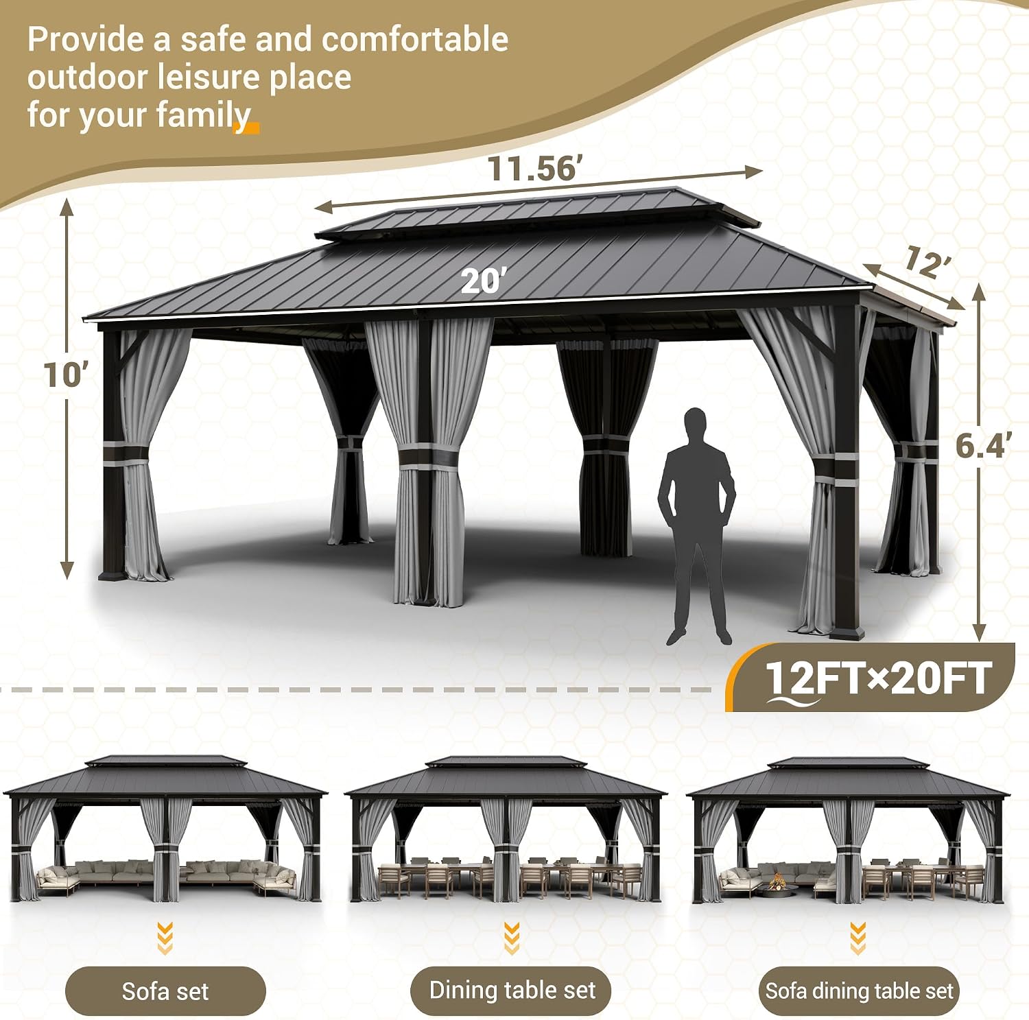 UDPATIO 12' x 20' Hardtop Gazebo, Galvanized Steel Double Roof Permanent Aluminum Gazebo, Outdoor Metal Pergolas with Mosquito Netting and Curtains for Garden, Parties, Patio, Deck, Lawns, Grey