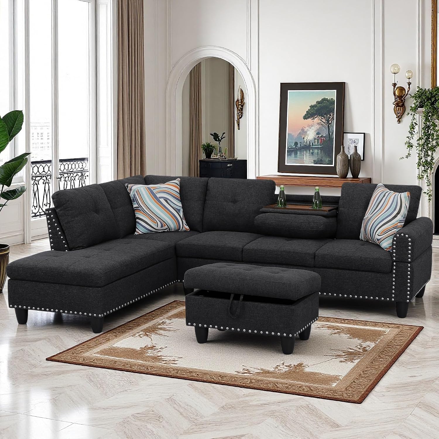 97.5' L Shaped Couch Set Linen, Modular Sectional Couches for Living Room with Storage Ottoman, 4 Seat Home Sofa Living Room Furniture Sets with Chaise for Apartment Office (Black Grey)