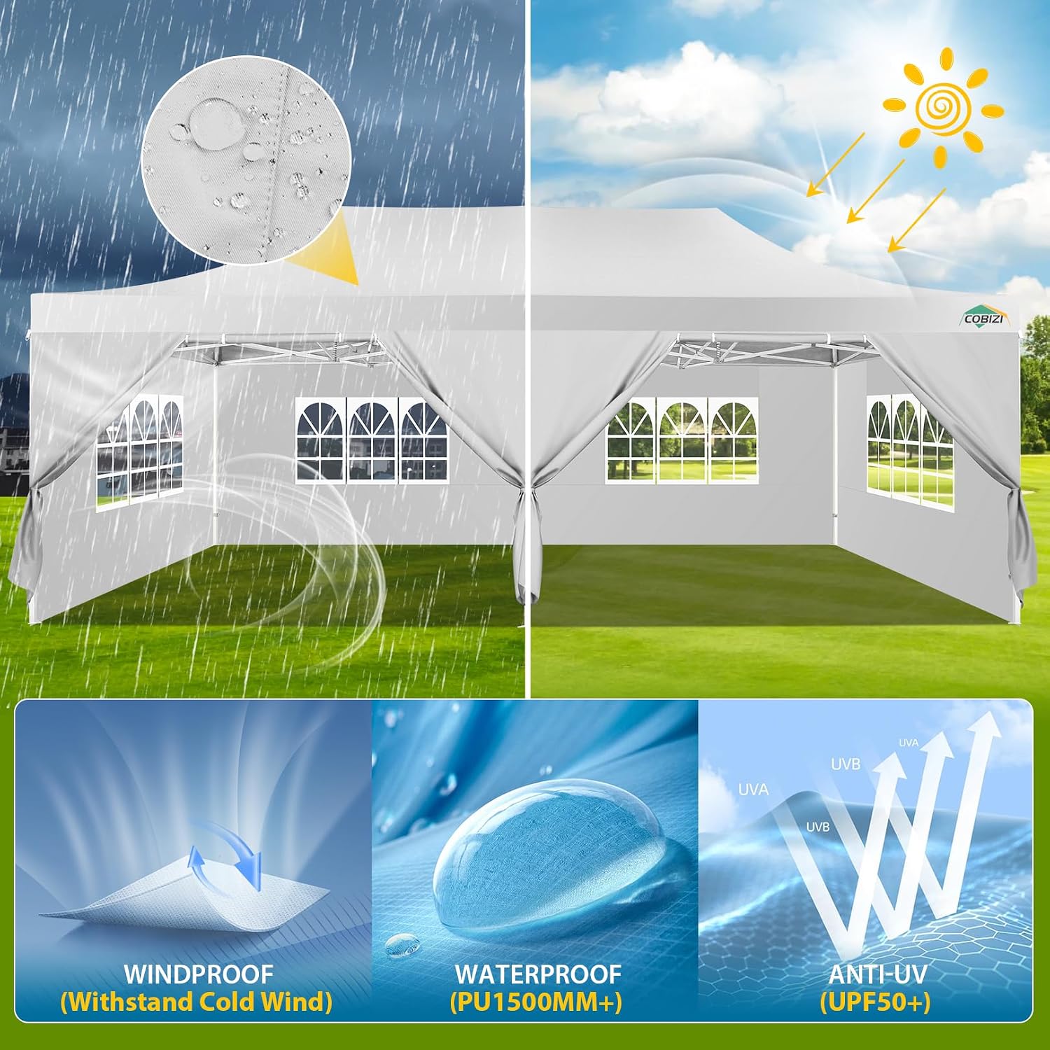 COBIZI 13x26 Pop Up Canopy with 6 Removable Sidewalls Heavy Duty Canopy Party Tents for Parties, Outdoor Wedding Large Event Tent Wind Waterproof UPF 50+ Easy Up in Garden Lawn with Roller Bag, White