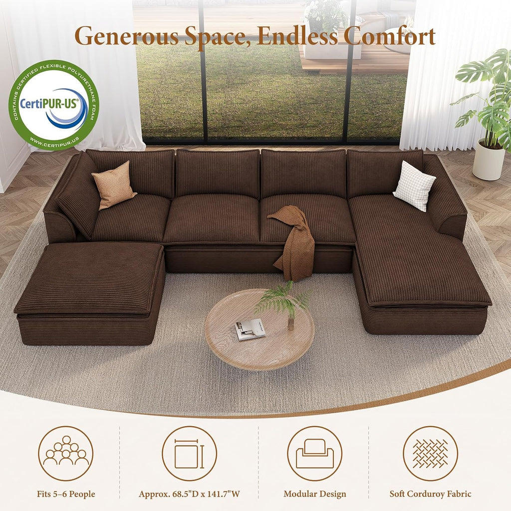 Vesgantti 141.7' U Shaped Boneless Sectional Couch, Modern 6 Seater Modular Sofa with Chaise & Ottoman, Deep Seat Corduroy Cloud Couches for Living Room, No Assembly Required, Dark Brown