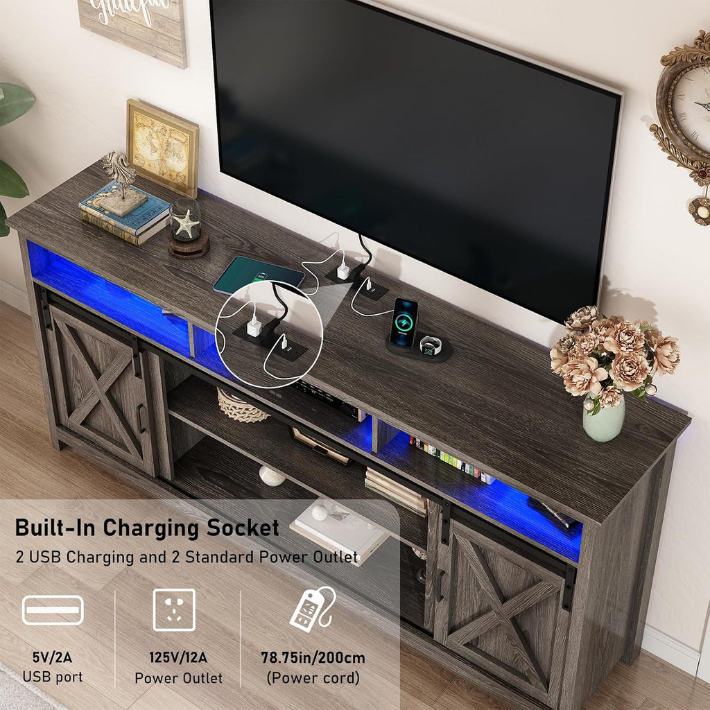 70' LED Farmhouse TV Stand for 80/75/70 Inch TVs, Tall Entertainment Center Storage Cabinets w/Power Outlets and Sliding Barn Door, Rustic Living Room Media Console Cabinet (Charcoal)