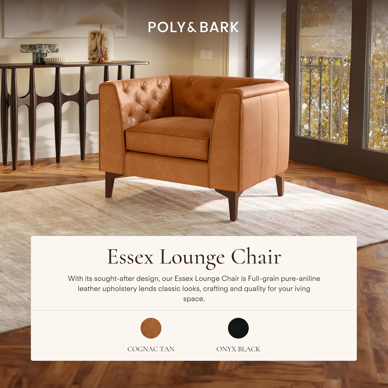 POLY & BARK Essex 40' Lounge Chairs Set of 2 – Cognac Tan Full-Grain Pure-Aniline or Semi-Aniline Italian Leather, Tufted Back & Arms, Feather-Down Cushions, Walnut Wood Legs