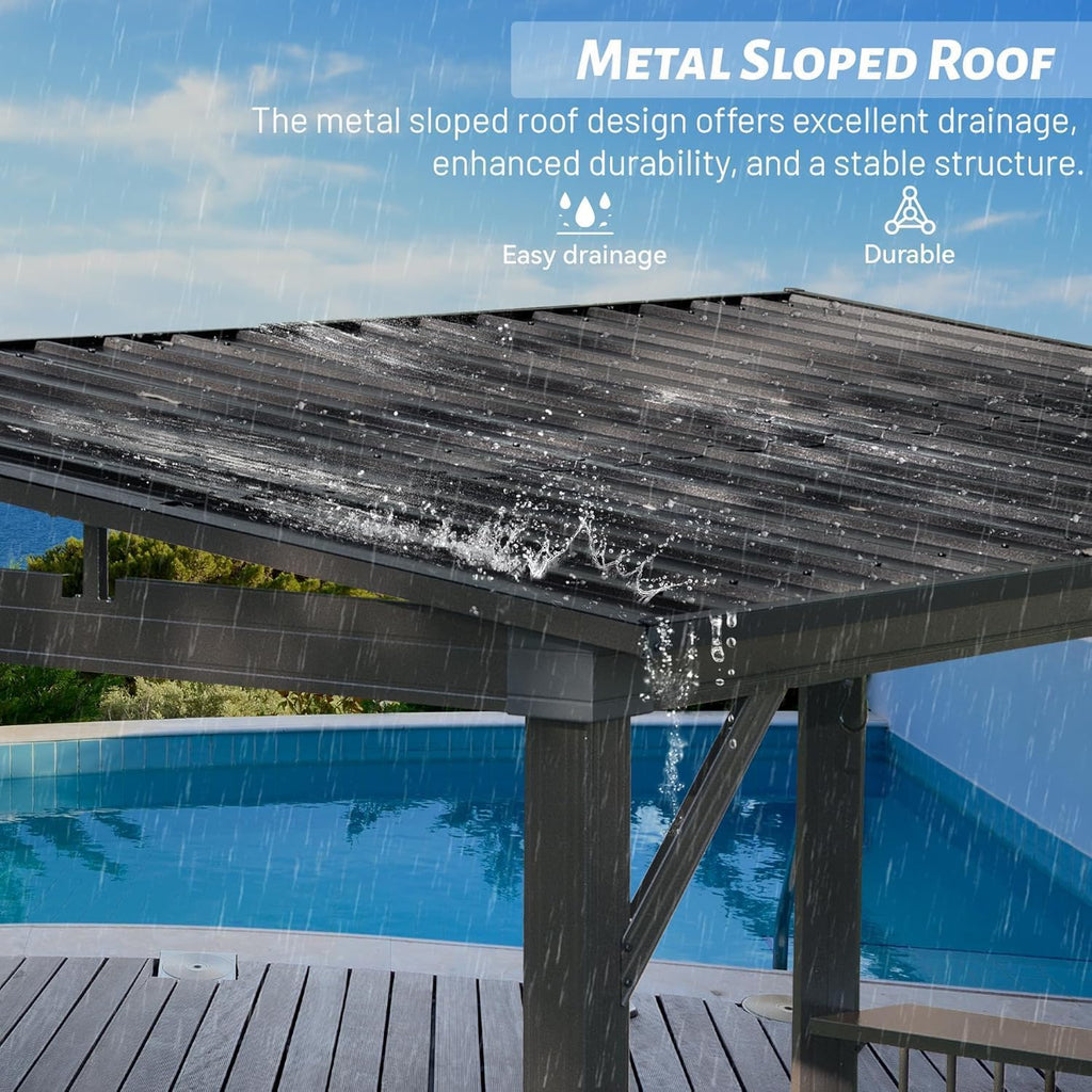 Aluminum Grill Gazebo with Double Roof & Shelves - Permanent Hardtop BBQ Shelter for Patio, Deck, Backyard, Outdoor Cooking,Flame (Gray, 6.5'x12' Sloping Roof)